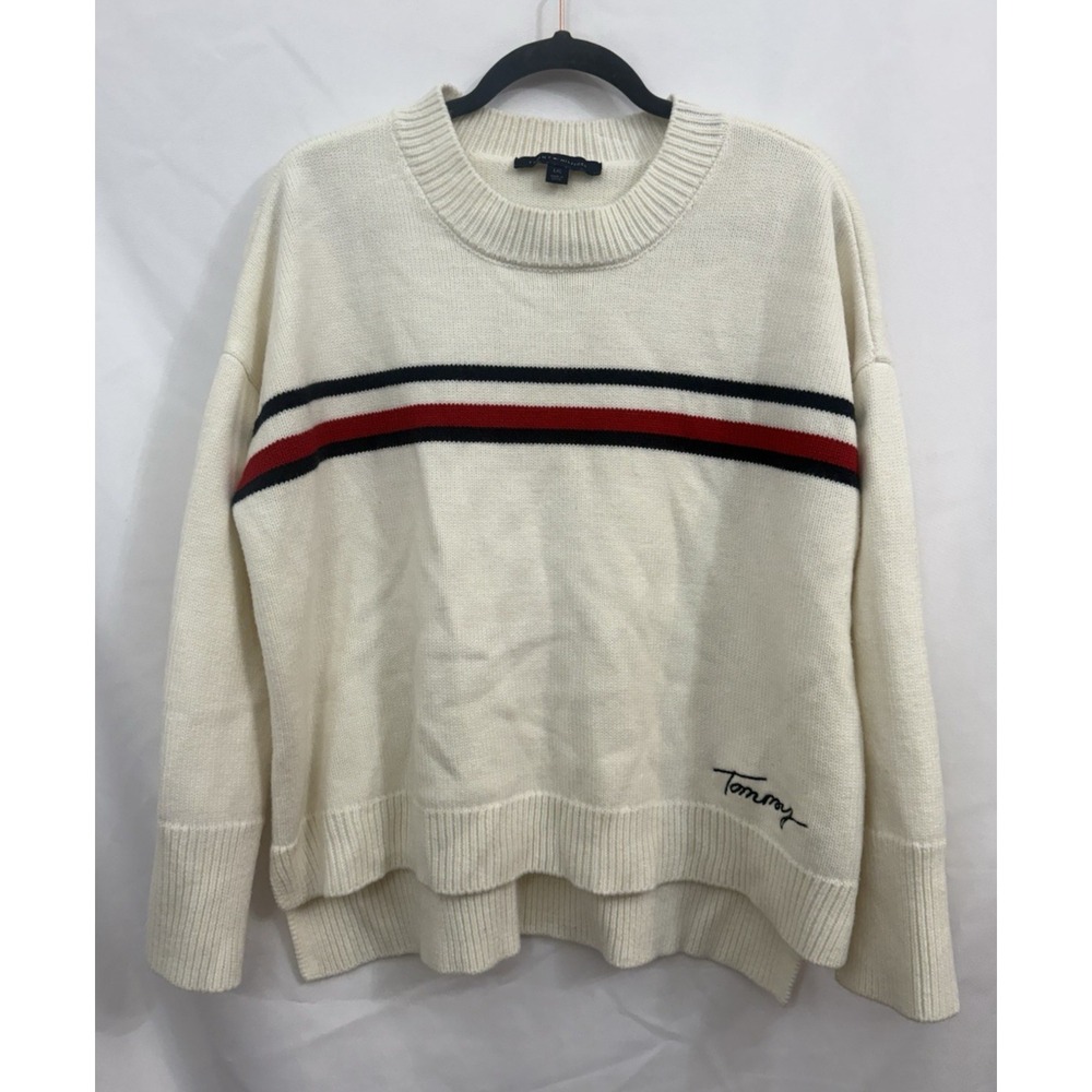 Tommy Hilfiger Ivory Knit Preppy Oversized Sweater Stripe Womens Size‎ L